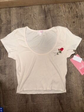 Scoop Neck Cream Crop Top with Rose Embroidery